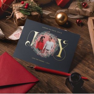 Elegante JOY Weihnachtskranz Blätter Beeren Foto Folien Feiertagskarte