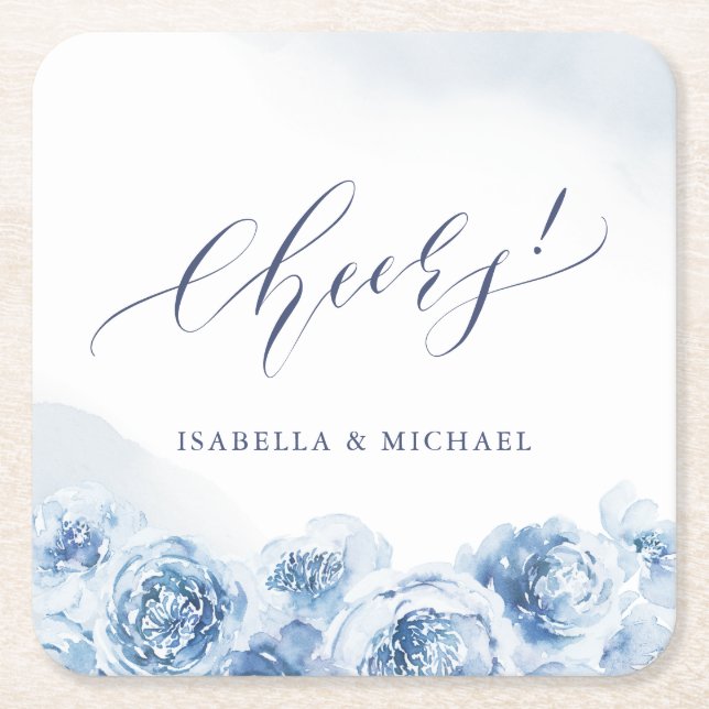 Elegante jubelnde Hochzeit mit blauen Blumen Rechteckiger Pappuntersetzer (Vorderseite)