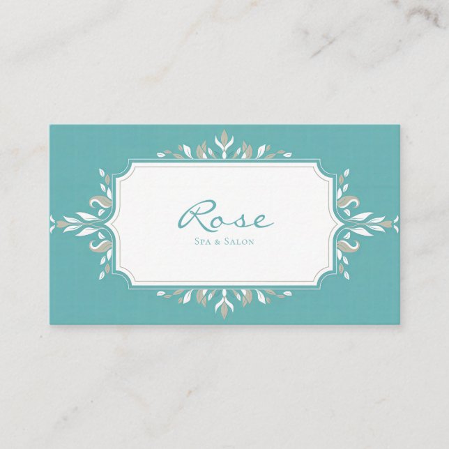 Elegante Jugendstil Botanisch Aquamarin & Taupe Visitenkarte (Vorderseite)