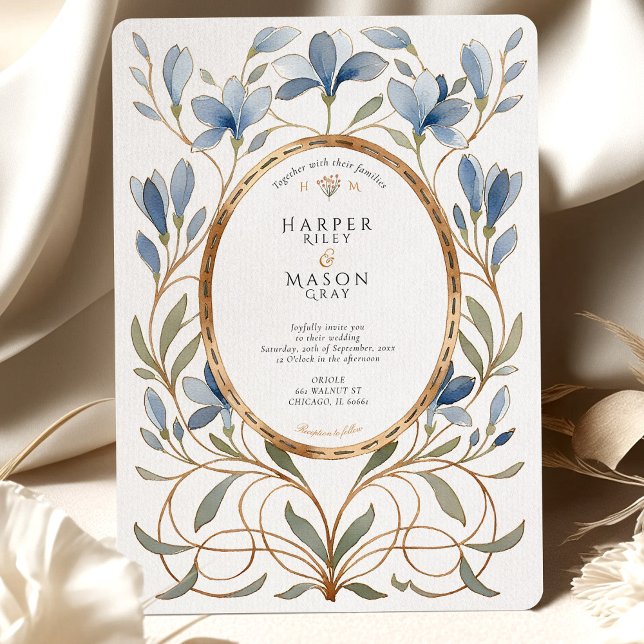 Elegante Jugendstil-Dusty Blue & Gold Wedding Einladung (Von Creator hochgeladen)