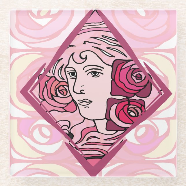 Elegante Jugendstil-Rose Glasuntersetzer (Vorderseite)