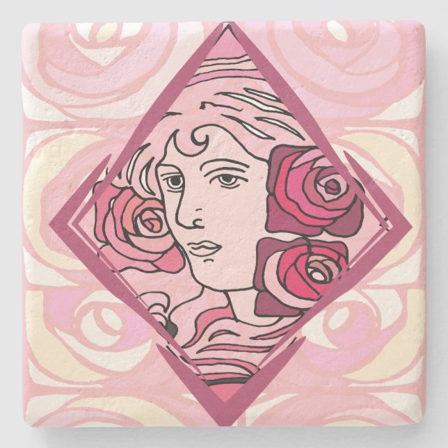 Elegante Jugendstil-Rose Steinuntersetzer (Vorderseite)