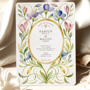 Elegante Jugendstil-Wildblume Goldrahmen Hochzeit Einladung