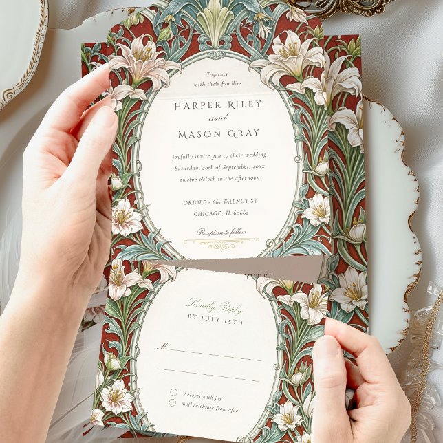Elegante Jugendstilhochzeit mit RSVP-Karte All In One Einladung (Von Creator hochgeladen)