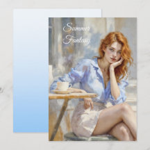 Elegante junge Dame in Blau und Weiß in einem Café