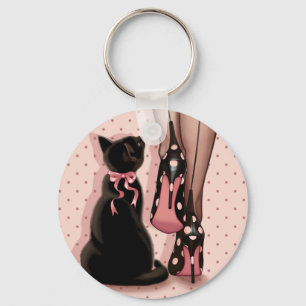 Elegante junge Frau und schwarze Katze Schlüsselanhänger