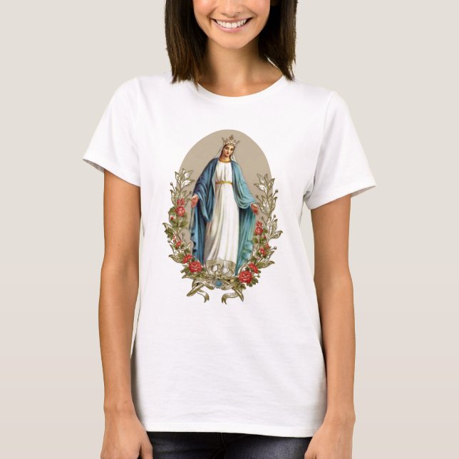 Elegante Jungfrau Mary Floral Rose Katholisch T-Shirt (Vorderseite)
