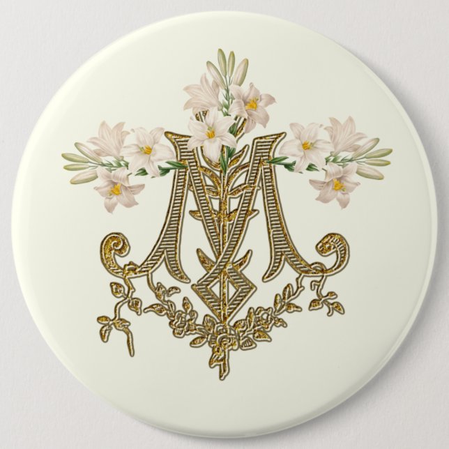 Elegante Jungfrau Mary Gold Marian Cross Lilies Ca Button (Vorderseite)