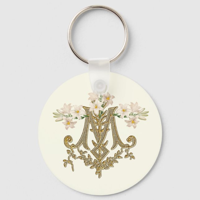 Elegante Jungfrau Mary Gold Marian Cross Lilies Ca Schlüsselanhänger (Vorderseite)