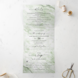 Elegante Juniper Sage Green Metallic Marmorhochzei Dreifach Gefaltete Einladung