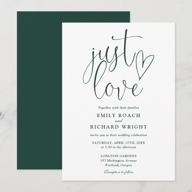 Elegante Just Liebe Script Emerald Green Wedding Einladung (Vorne/Hinten)