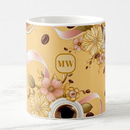 Elegante Kaffeegelbe Blumen & Bänder-Monogramm Kaffeetasse
