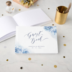 Elegante Kalligrafie blaue Aquarell-Blumenhochzeit Gästebuch