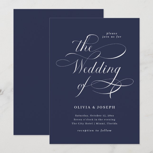 Elegante Kalligrafie| Blaue Hochzeit der Marine Einladung (Vorne/Hinten)