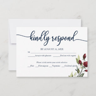 Elegante Kalligrafie Burgunderrot Navyblau Florale RSVP Karte