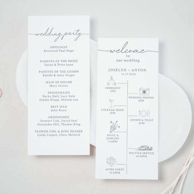 Elegante Kalligrafie Chic Grau Zeitstrahl Hochzeit Programm (Von Creator hochgeladen)