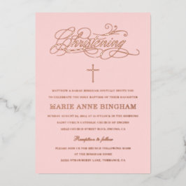 Elegante Kalligrafie Christening Blush Rose Folieneinladung