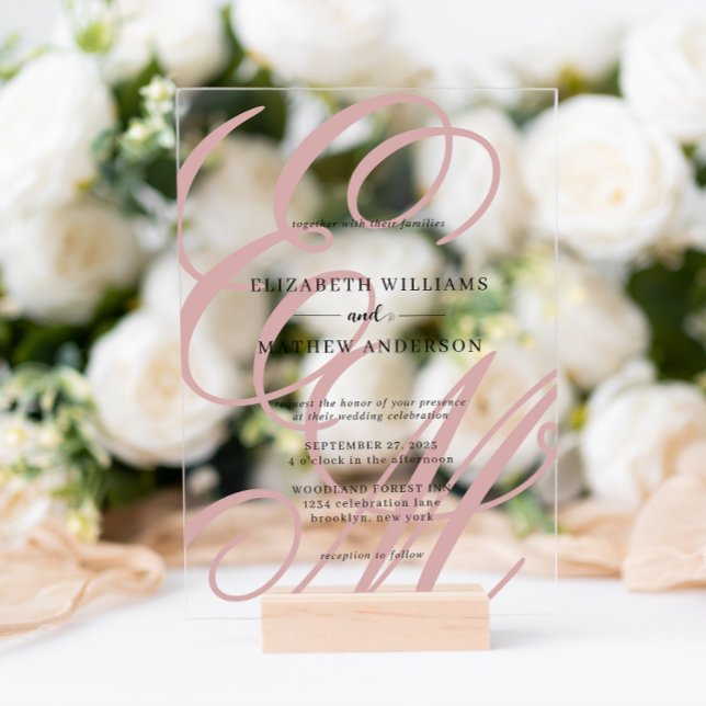 Elegante Kalligrafie Dusty Pink Monogram Wedding Acryleinladungen (Von Creator hochgeladen)
