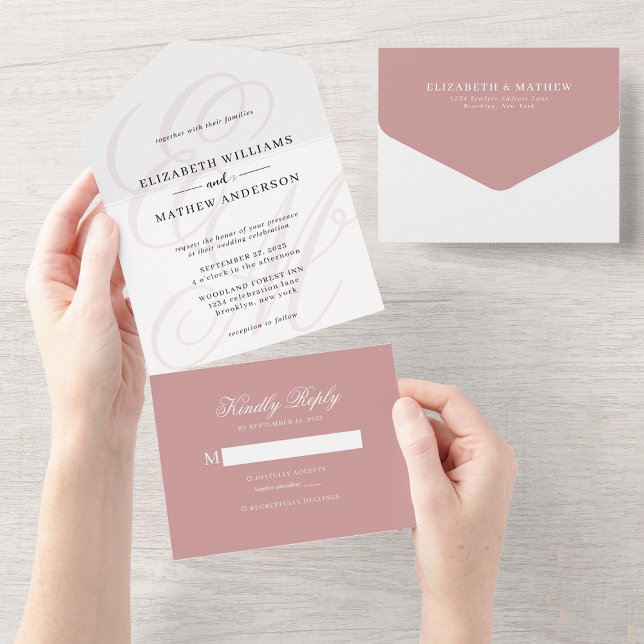Elegante Kalligrafie Dusty Pink Monogram Wedding All In One Einladung (Von Creator hochgeladen)