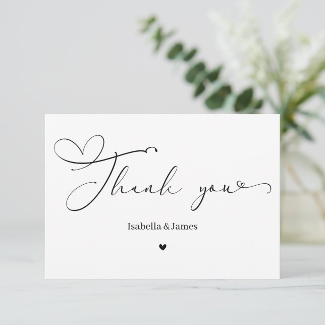 Elegante Kalligrafie Einfache Herz Hochzeit Dankeskarte (Stehend Vorderseite)