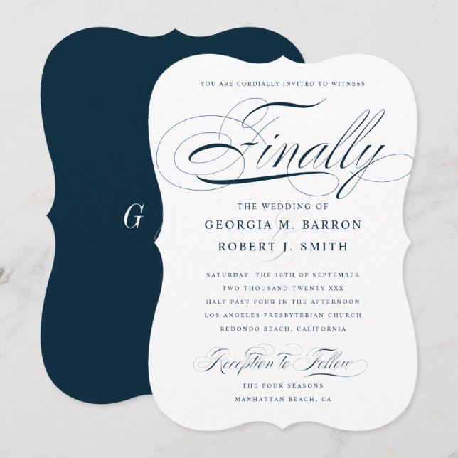 Elegante Kalligrafie Endlich Dunkle Navy Hochzeit Einladung (Vorne/Hinten)