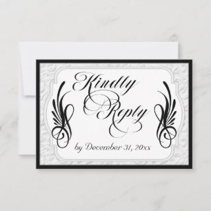 Elegante Kalligrafie & Faux-Prägung - Schwarz/Weiß RSVP Karte