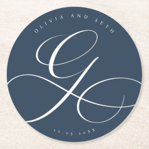 Elegante Kalligrafie “G” Blaue Hochzeit Runder Pappuntersetzer