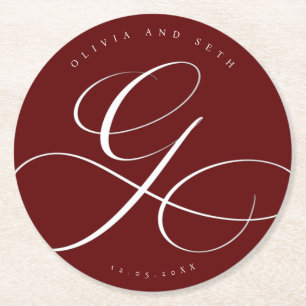 Elegante Kalligrafie “G” Merlot Hochzeit Runder Pappuntersetzer
