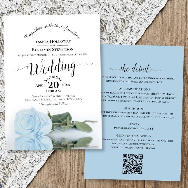 Elegante Kalligrafie Hellblaue Rose QR-Code Hochze Einladung (front/back)