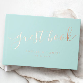 Elegante Kalligrafie Hochzeit Licht Aqua Blau real Gästebuch