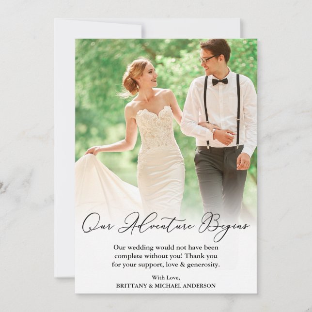 Elegante Kalligrafie Hochzeit Unser Abenteuer begi Dankeskarte (Vorderseite)