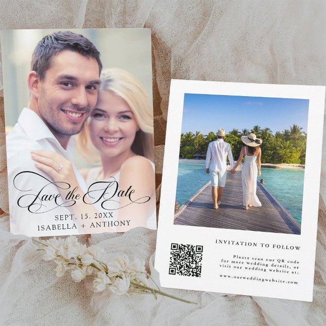 Elegante Kalligrafie-HochzeitQR-Code Save The Date (Front & Back)