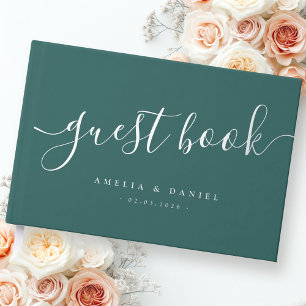 Elegante Kalligrafie Hochzeitskiefer grün Gästebuch