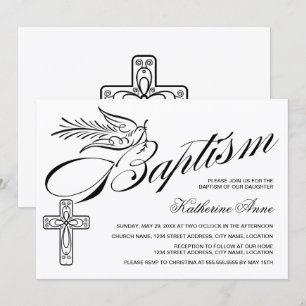 Elegante Kalligrafie Kreuz und Taube Taufe Einladung