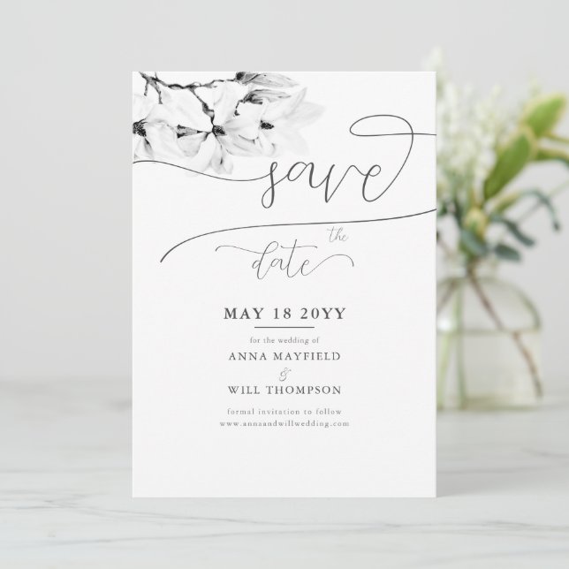 Elegante Kalligrafie Magnolia Hochzeit Speichern S Einladung (Stehend Vorderseite)