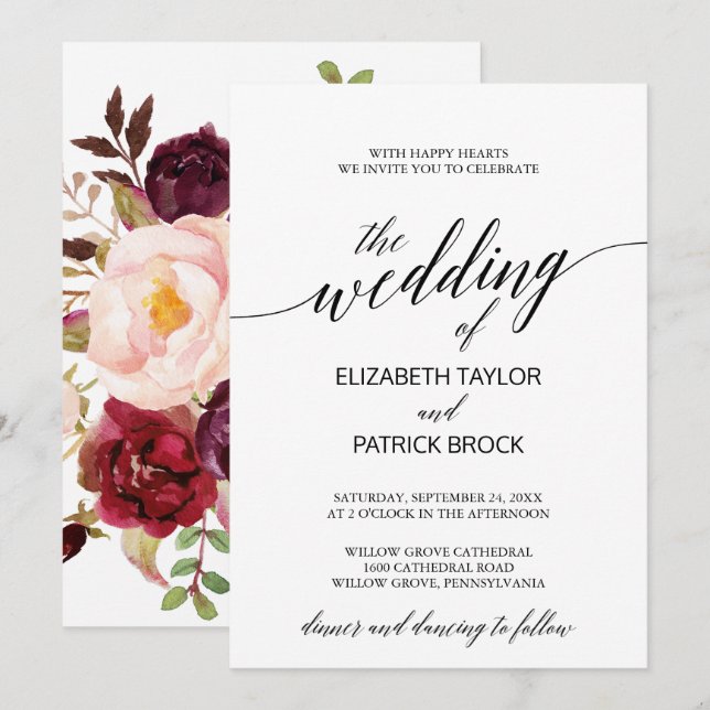 Elegante Kalligrafie mit floraler Backing Wedding Einladung (Vorne/Hinten)
