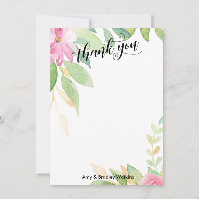 Elegante Kalligrafie mit rosa Aquarellfarben-Blume Dankeskarte (Vorderseite)