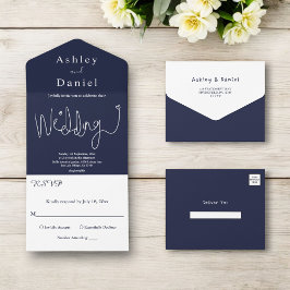 Elegante Kalligrafie Navy Blue Extravagant Modern  All In One Einladung