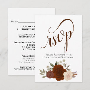 Elegante Kalligrafie & Rostorange Rosen Hochzeit RSVP Karte