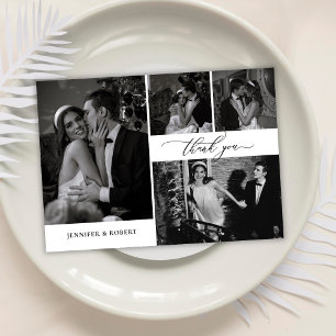 Elegante Kalligrafie-Schrift Foto-Collage Hochzeit Dankeskarte