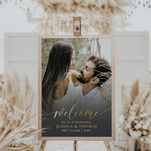 Elegante Kalligrafie Schwarz & Gold Foto-Hochzeit Poster