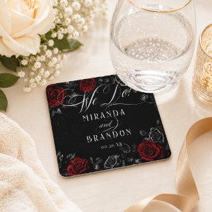 Elegante Kalligrafie Schwarz-Rot Florale Hochzeit Rechteckiger Pappuntersetzer
