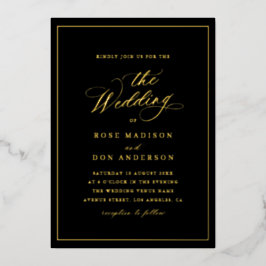 Elegante Kalligrafie schwarze und goldene Hochzeit Folieneinladung