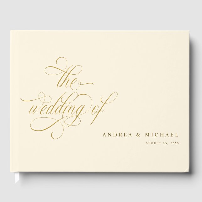 Elegante Kalligrafie-Script-Cream und GoldWedding Gästebuch (Vorderseite)