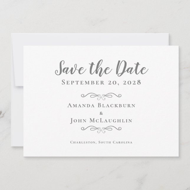 Elegante Kalligrafie Script Delikate Romantik Grau Save The Date (Vorderseite)