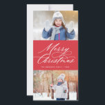 Elegante Kalligrafie Script Frohe Weihnachten 2 Fo<br><div class="desc">Diese stilvolle und moderne Weihnachtsfotokarte verfügt über ein modernes Kalligraphieskript mit zwei Fotos. Die Rückseite hat ein fallendes Schneemuster auf rot. Besuchen Sie den Shop und sehen Sie stilvollere und elegantere Urlaubskarten wie diese!</div>