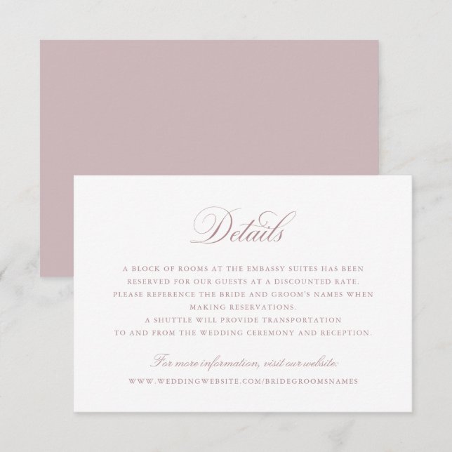 Elegante Kalligrafie Script-Hochzeitdetails Beilag Einladung (Vorne/Hinten)