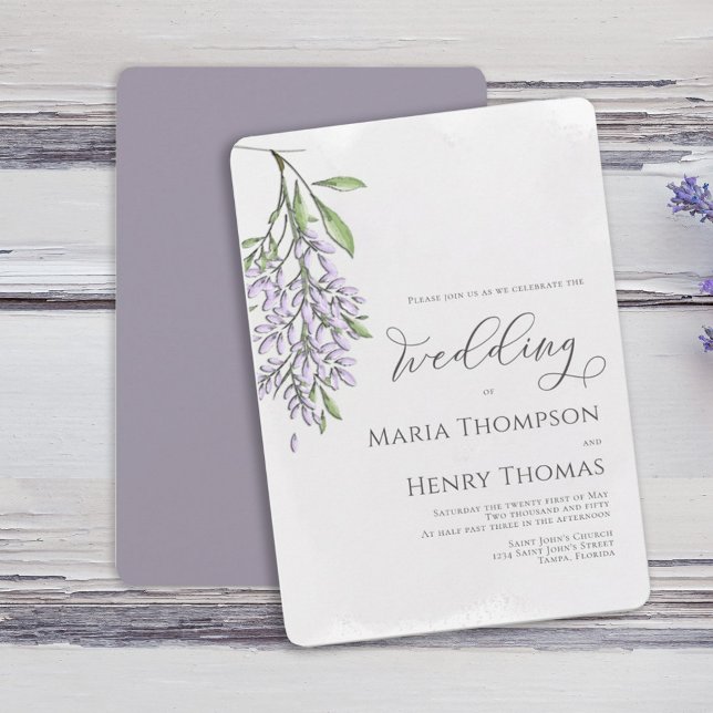 Elegante Kalligrafie Script Lavender Wedding Einladung (Watercolor elegant Spring wisteria flower vine wedding invitation. )