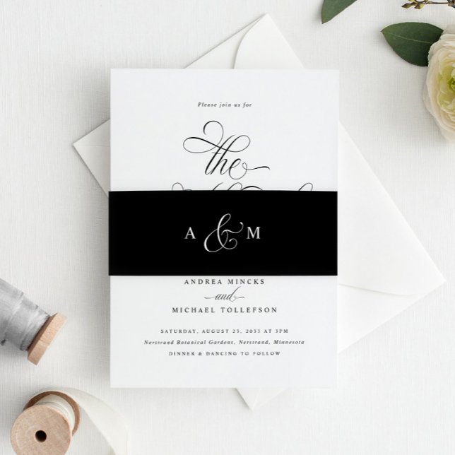 Elegante Kalligrafie Script Luxury Wedding Black Einladungsbanderole (Elegant Wedding Invitation Belly Band - Black and White Luxury Wedding Glam Classy Wedding)