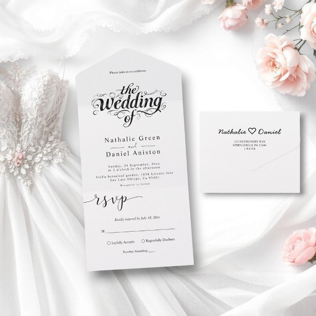 Elegante Kalligrafie Script Schwarz-Weiß-Hochzeit All In One Einladung (Von Creator hochgeladen)